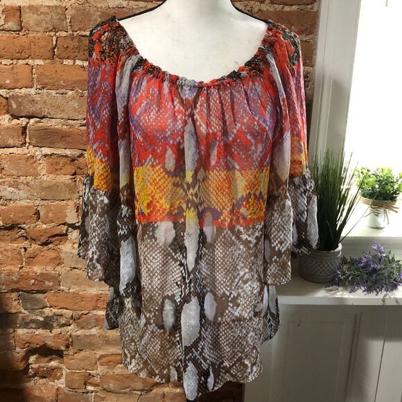 HALE BOB SHEER SNAKESKIN PRINT BLOUSE WOMENS SMALL FLOWY LOOSE ANIMAL PRINT - Picture 1 of 10